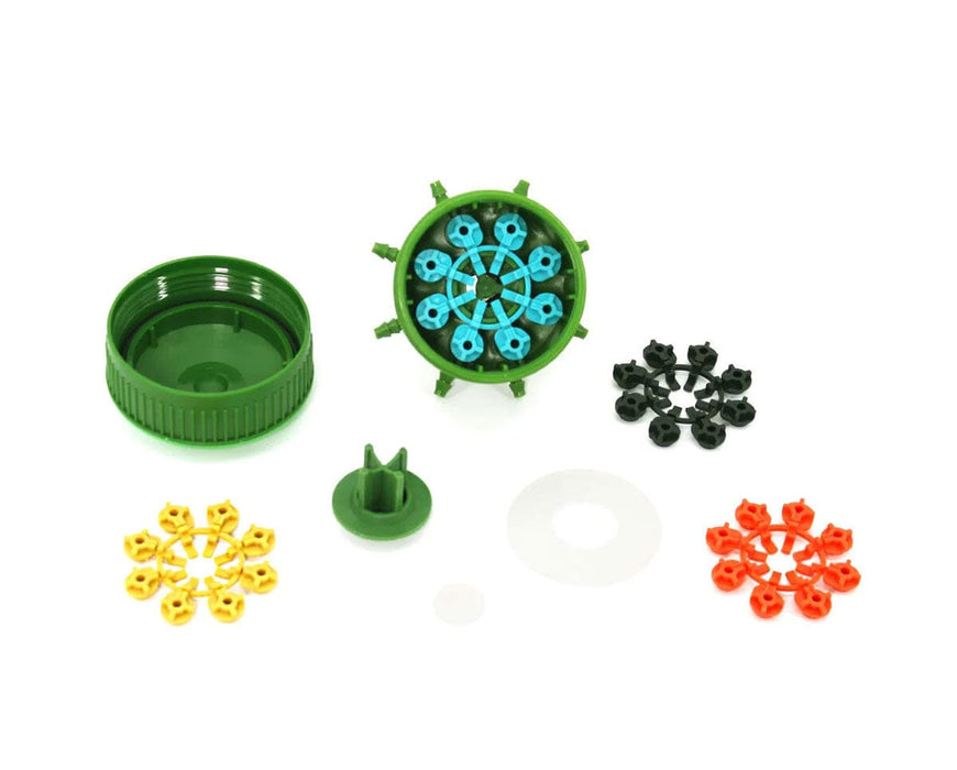 FloraFlex Bubbler components displayed, showing internal blue inserts, gasket rings, and multiple colored flow inserts.