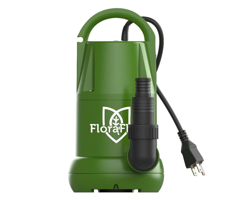 FloraFlex Submersible Pump front view highlighting outlet connection and compact vertical design.