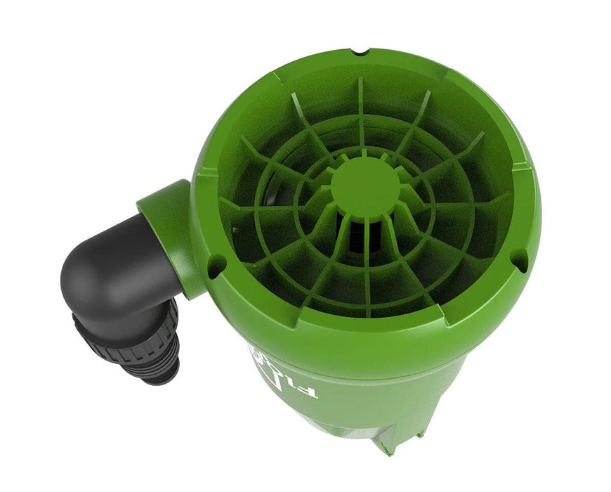 FloraFlex Submersible Pump top view showing internal water intake grill and 90-degree outlet.