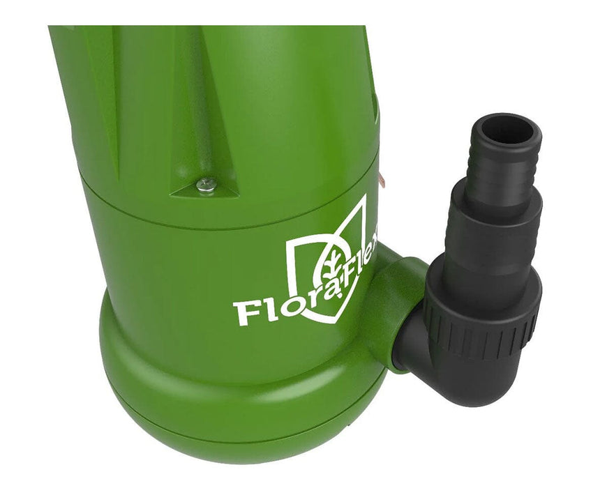FloraFlex Submersible Pump close-up of outlet connection and FloraFlex logo on green body.