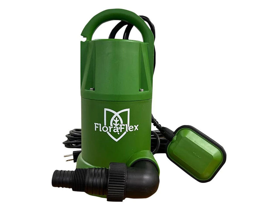 FloraFlex Submersible Pump full view showing green housing, float valve, and black discharge outlet for irrigation systems.