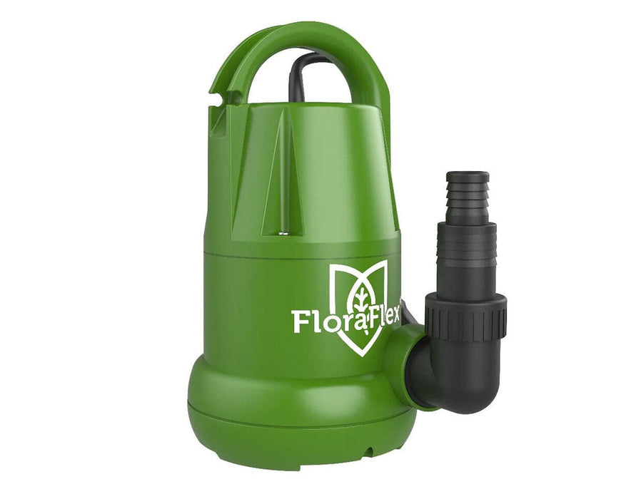 FloraFlex Submersible Pump angled view showing complete unit with cord and outlet fitting.