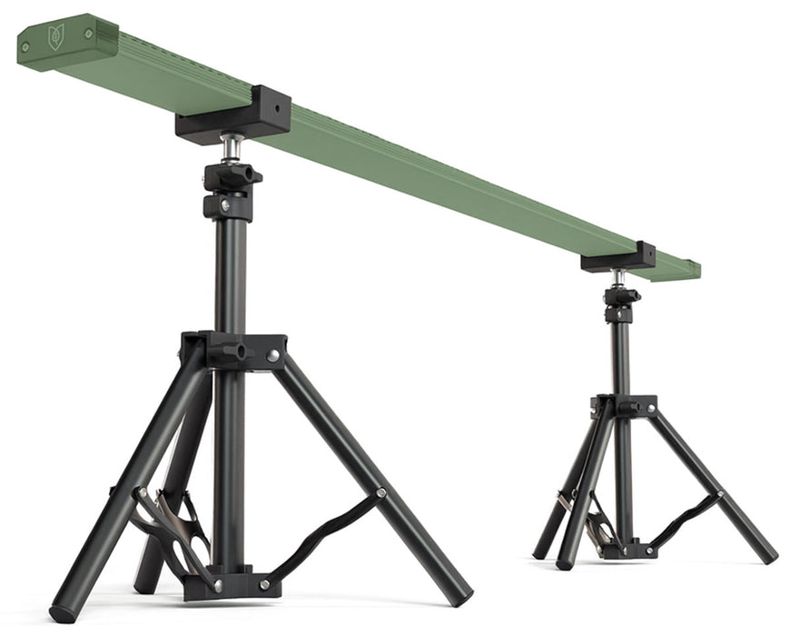 FloraFlex adjustable stand holding under-canopy light at low height on a green background.