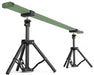 FloraFlex adjustable stand holding under-canopy light at low height on a green background.
