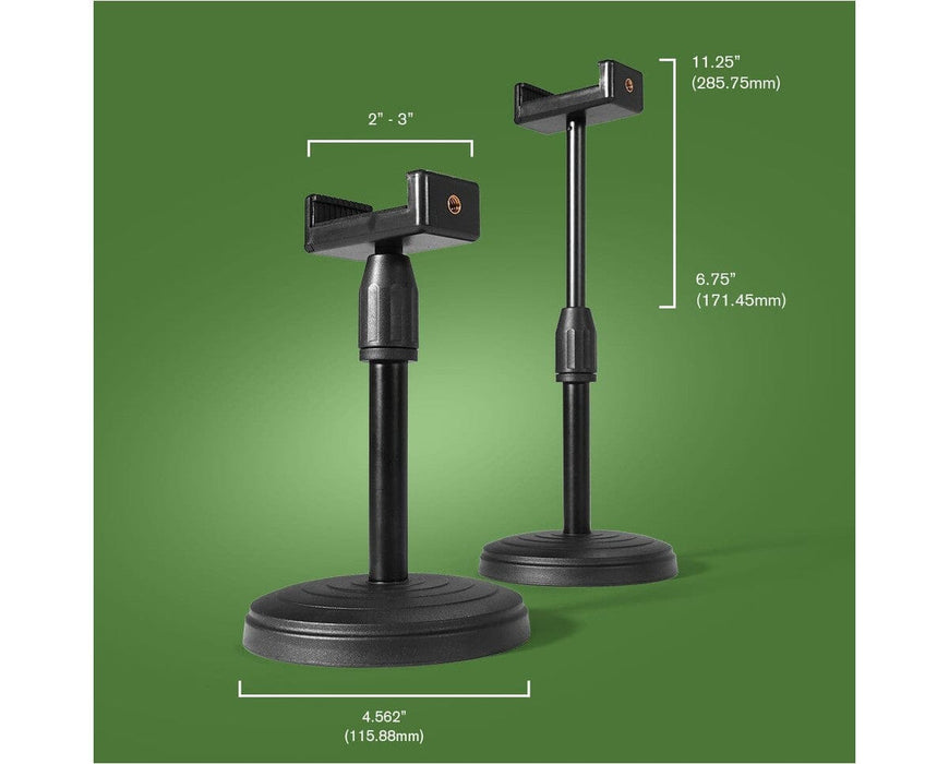 FloraFlex light stand height range diagram showing 6.75" to 11.25" adjustability and 4.562" base.