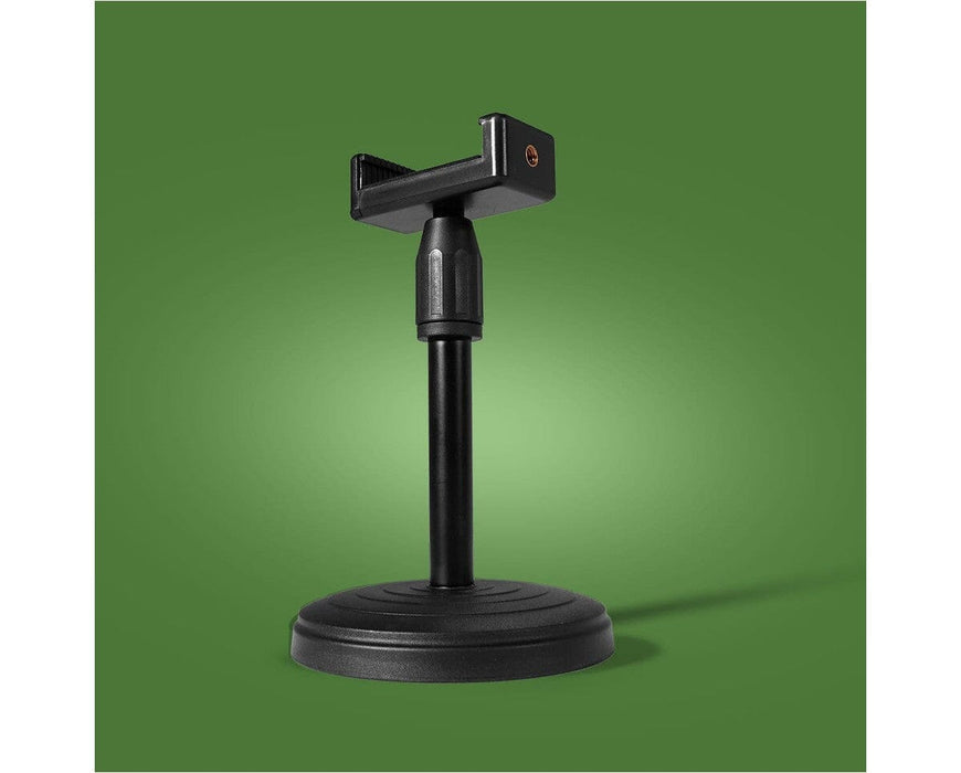 Close-up of a single FloraFlex adjustable under-canopy stand with wide round base.