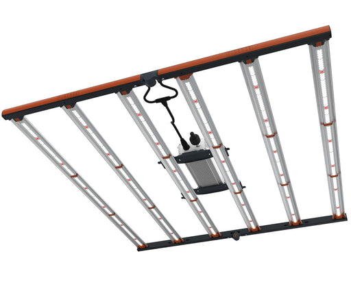 Angled wide shot of SPYDR 2r showing eight active light bars and black power cord mounted to center heatsink.