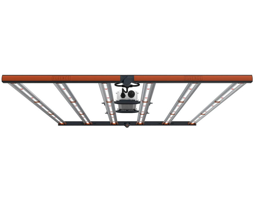 Bottom view of Fluence SPYDR 2r LED grow light fully illuminated with uniform red and white diode layout.