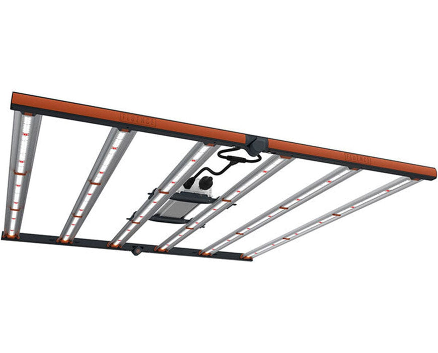 Underside angle of SPYDR 2r showing lit LED bars with red diode pattern and center-mounted dimmable driver.