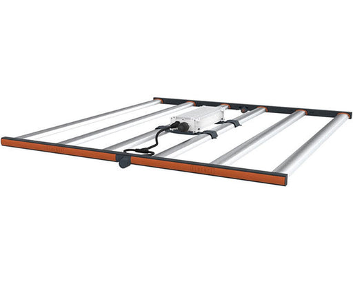 Angled view of Fluence SPYDR 2r LED grow light showing six aluminum light bars and attached central PSU.