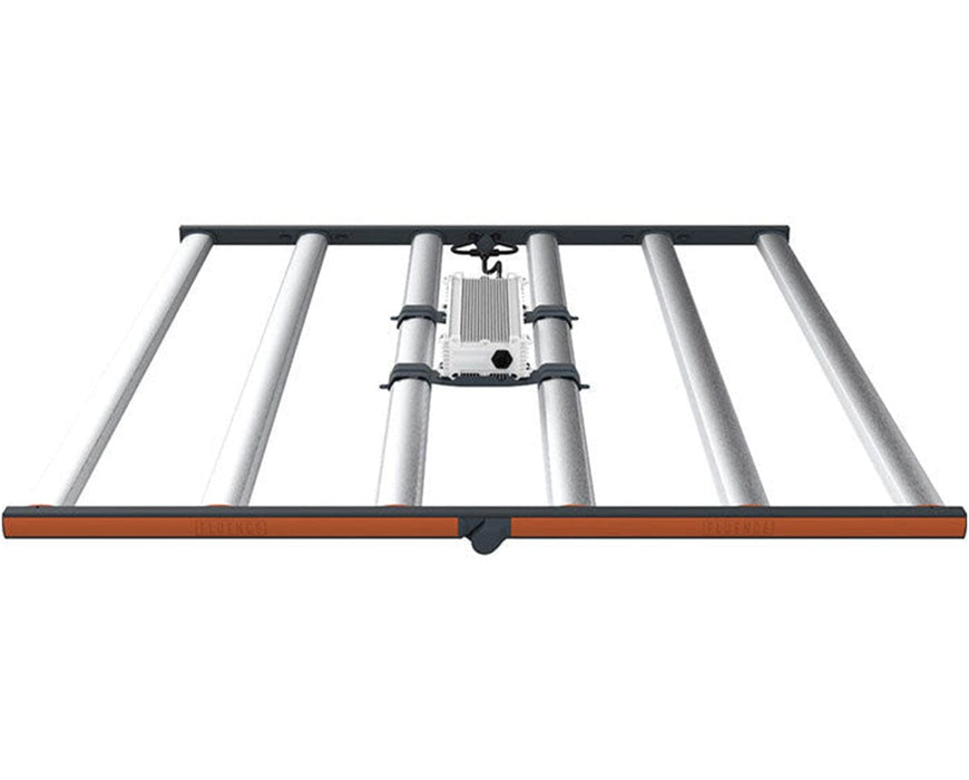 Top-down view of SPYDR 2r showing full frame and central power unit, unlit with visible bar spacing and orange trim.