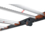 Detail of Fluence SPYDR 2r black fold lock marked with orange “F” securing aluminum light bars.