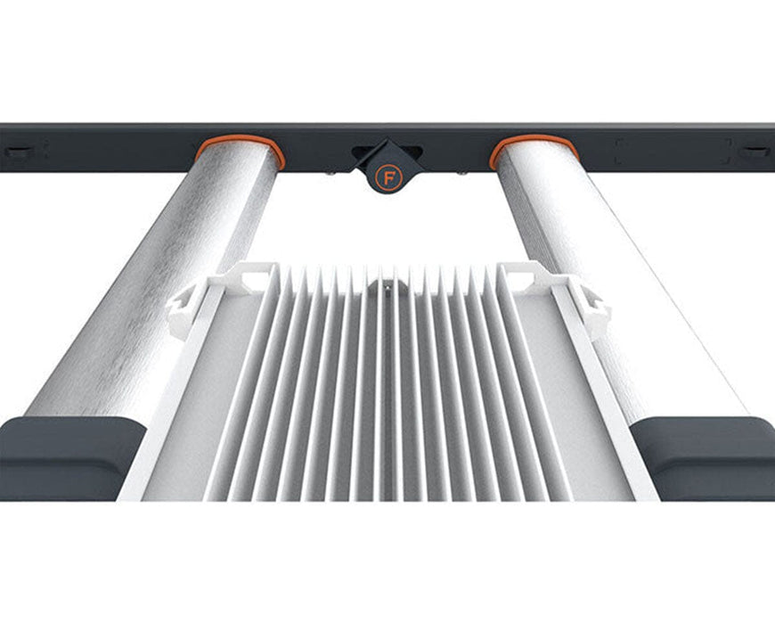 Top view of SPYDR 2r LED grow light showing aluminum heatsink fins and bar alignment with orange trim fittings.
