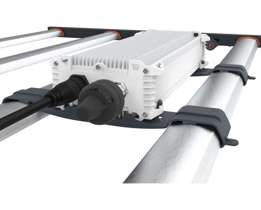Close-up view of Fluence SPYDR 2r dimmer dial and power connector on aluminum bar-mounted LED driver.