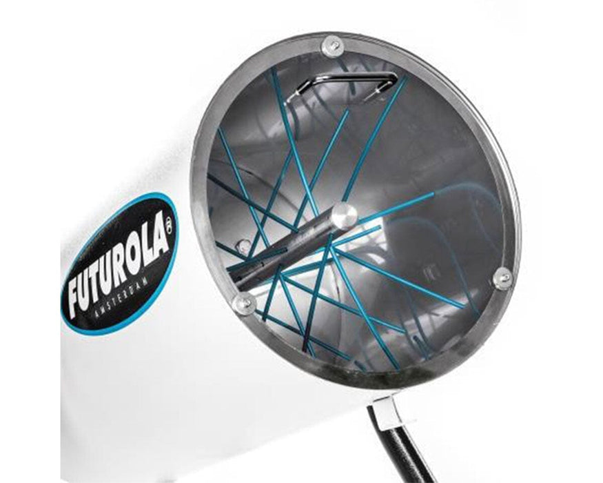 Close-up of Futurola OG Classic Shredder's stainless steel barrel with visible blue shredding arms and transparent cover.