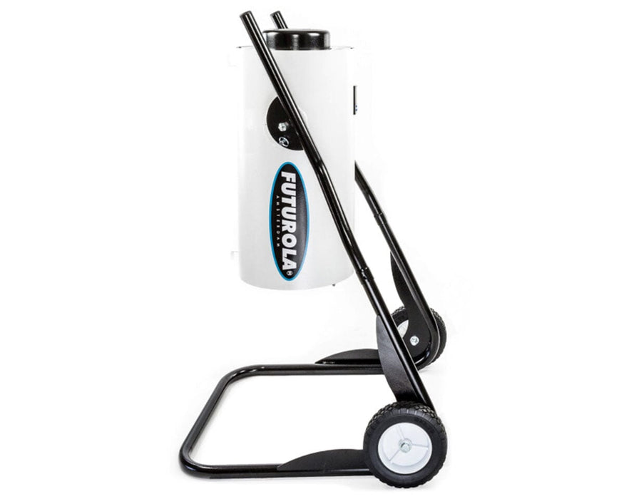 Side view of the Futurola OG Classic Shredder in unloading position showing branded barrel and black metal stand with wheels.