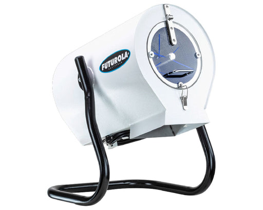 Front angle of the Futurola Super Shredder Mini with clear locking cover and visible shredding arms inside.