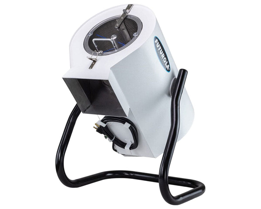 Angled view of the Super Mini Shredder with loading barrel open, showing internal mesh and attached power cord.