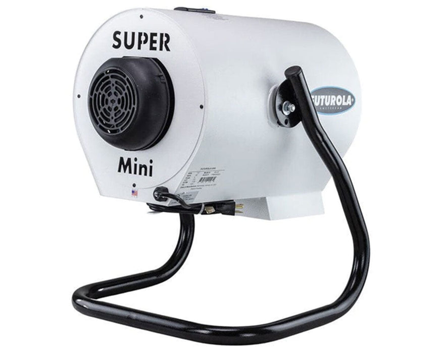 Rear view of the Futurola Super Shredder Mini showing ventilation fan, “Super Mini” label, and compact stand design.