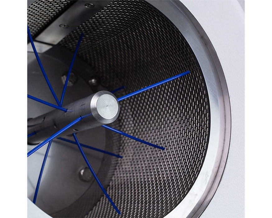 Interior view of the Futurola Super Shredder Mini showing blue food-safe shredding arms inside the mesh barrel.