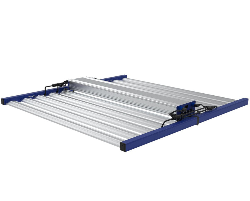 Rear-angled view of the Tarantula Borg Evolution V3 LED grow light highlighting the folding frame, cable setup, and blue structural supports.