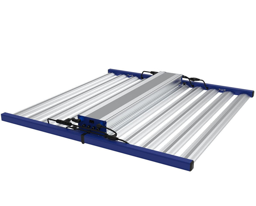 Angled view of the Tarantula Borg Evolution V3 LED grow light with a silver 10-bar design and blue end frames, showing attached power cables and central driver.