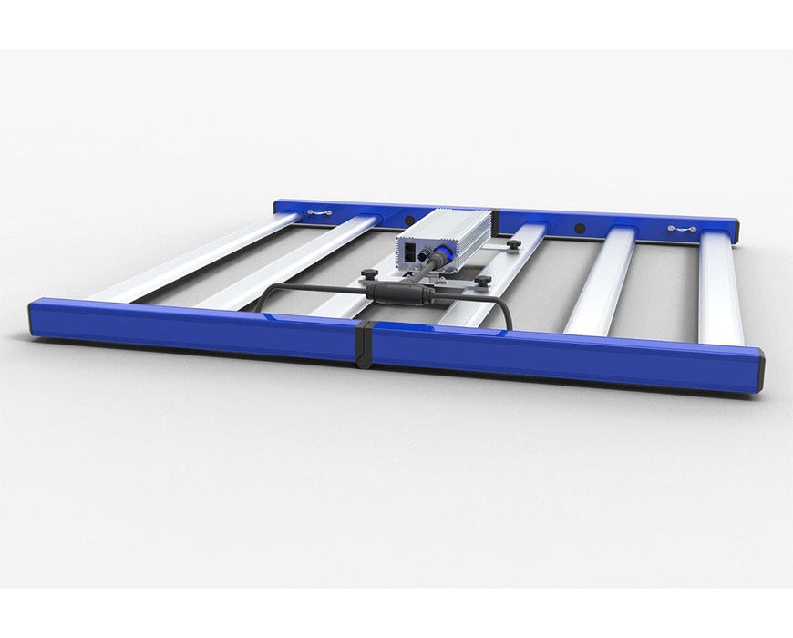 Blue-frame Grand Master LED Tarantula Revolution 480 LED grow light with central driver, shown folded for compact storage or shipping.