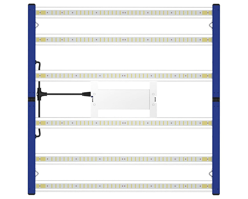 Grand Master LEDs 3x3 grow tent light top view showing 6 LED bars with uniform coverage and dimming control.