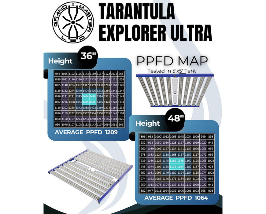 Grand Master Tarantula Explorer Ultra PPFD map showing uniform 5x5 canopy coverage at 36 and 48 inches.