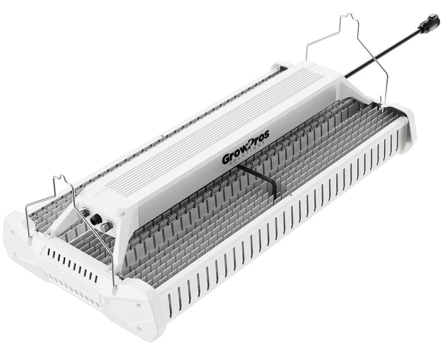 Three quarter view of Grow Pros AK-HB high bay LED fixture with vented housing and compact low profile design.
