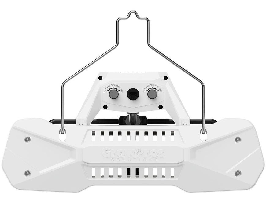 Front control panel of Grow Pros AK-HB LED high bay grow light showing dimming knobs and RJ port for lighting control integration.
