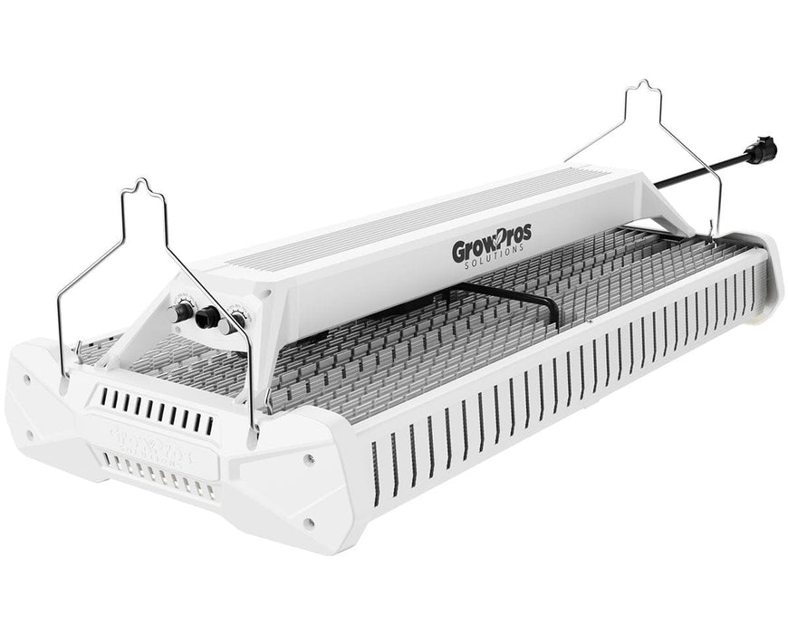 Angled view of Grow Pros AK-HB high bay LED grow light with die cast heat sink and adjustable hanging brackets for commercial grow rooms.