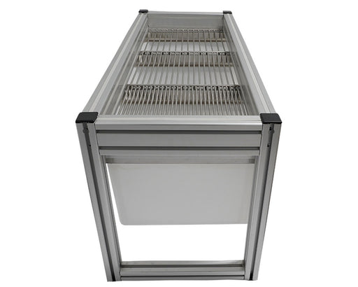 Top-down view of the GROW1 Small Stationary Harvest Sorting System showing metal sorting rack and frame.