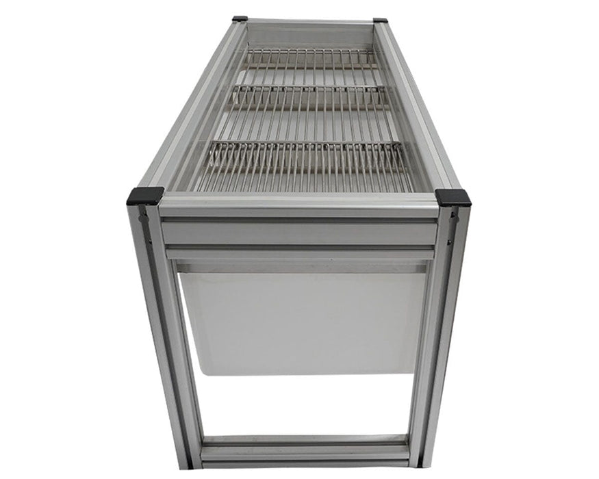 Top-down view of the GROW1 Small Stationary Harvest Sorting System showing metal sorting rack and frame.