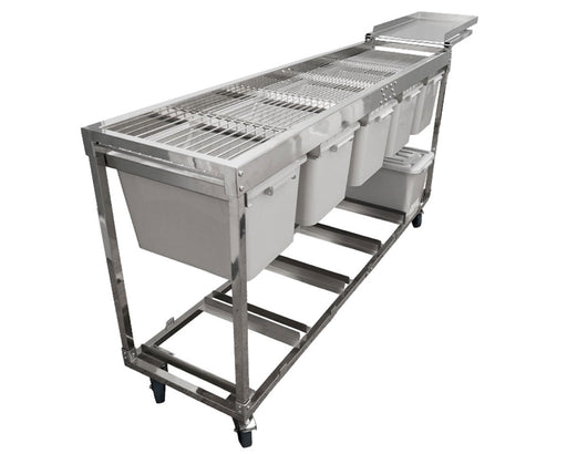 Side view of stainless steel GROW1 sorting system with six food-safe bins and a removable storage tote.