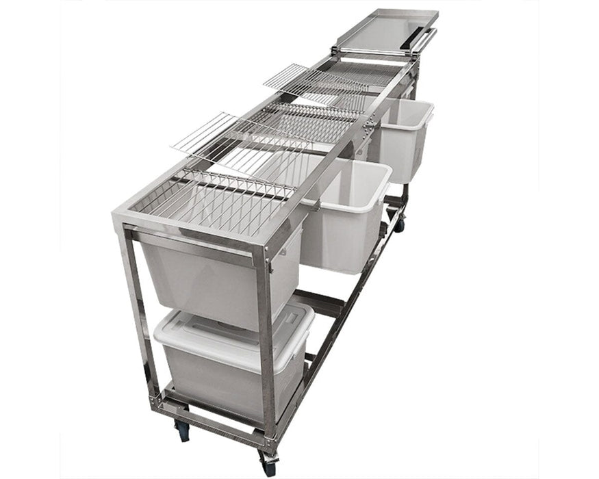 Angled side view of full GROW1 stainless steel sorting table with six white bins and metal frame on wheels.