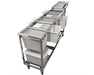 Angled side view of full GROW1 stainless steel sorting table with six white bins and metal frame on wheels.