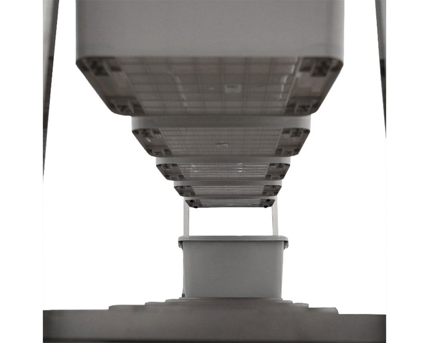 Low-angle view of the GROW1 stainless steel sorting system showing underside of stacked harvest bins.