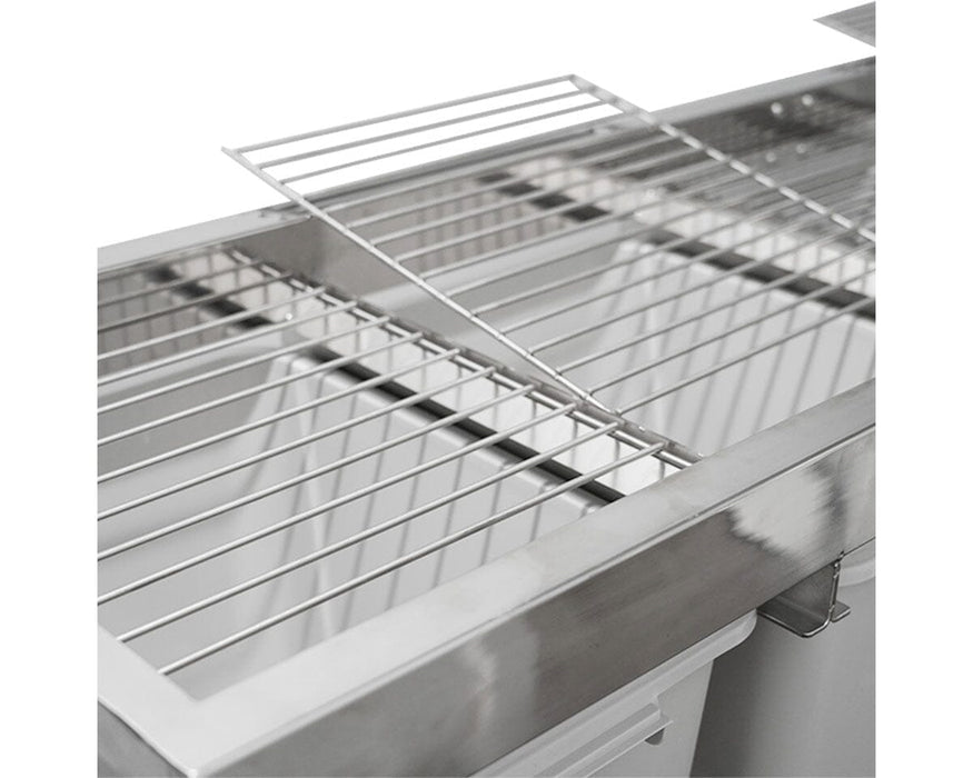 Close-up of GROW1 stainless steel sorting rack with removable grate lifted, showing food-grade construction.