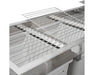 Close-up of GROW1 stainless steel sorting rack with removable grate lifted, showing food-grade construction.
