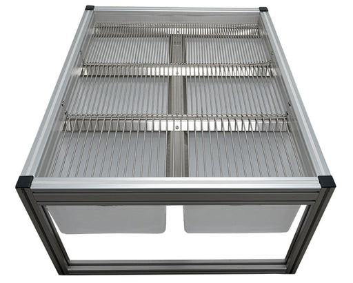 Straight-on top view of the GROW1 Medium Sorting System showing stainless steel grate design and two large bins.