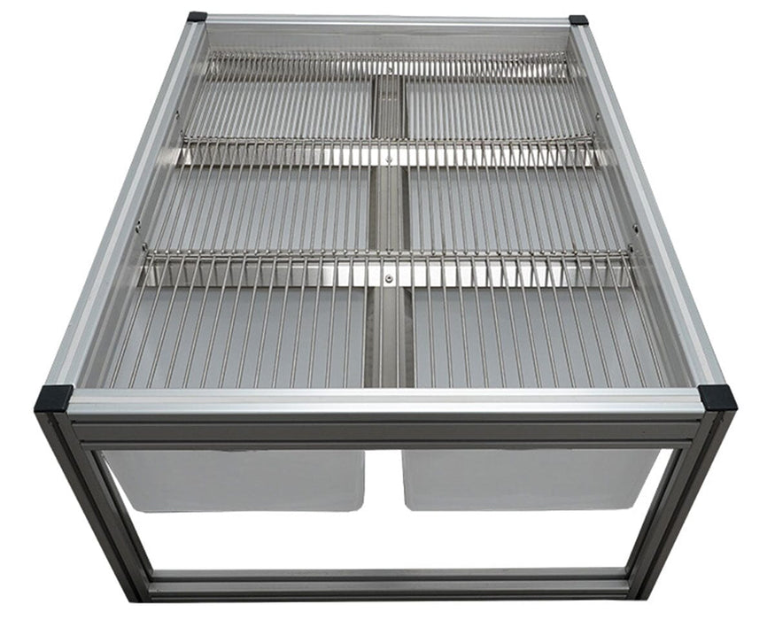 Straight-on top view of the GROW1 Medium Sorting System showing stainless steel grate design and two large bins.
