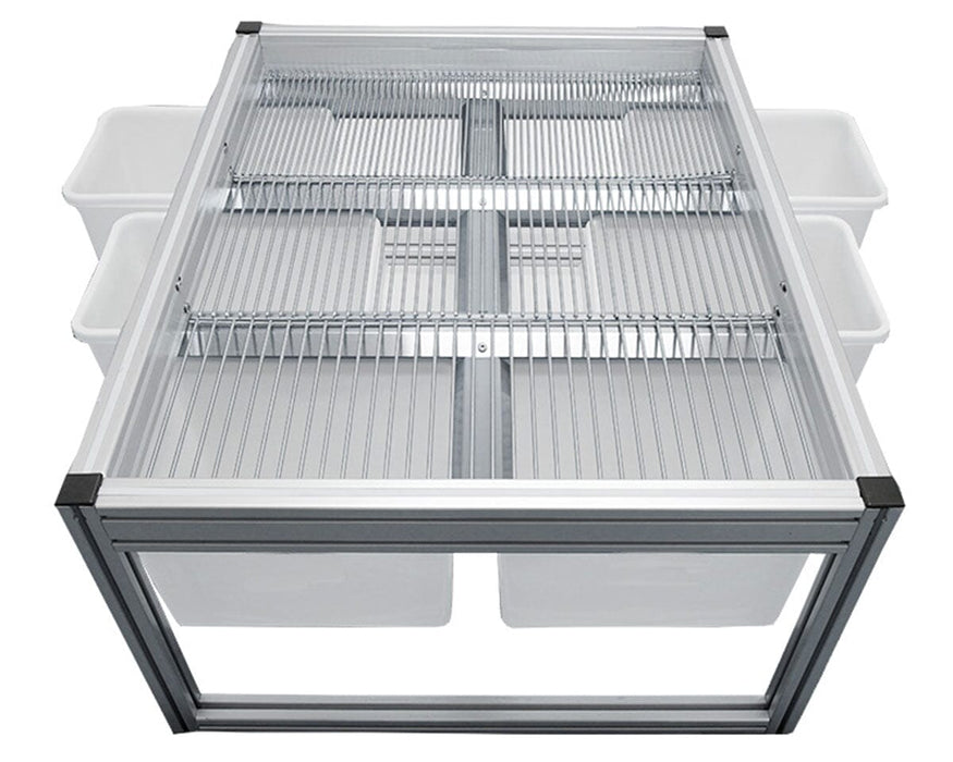 Top-down view of GROW1 Medium Harvest Sorting System with dual-section metal grates and white sorting bins.