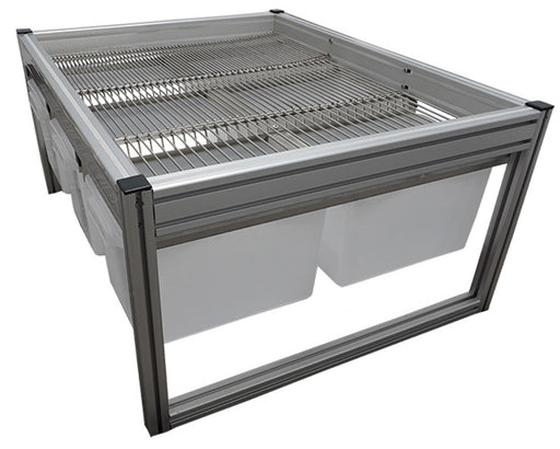 Angled side view of the GROW1 Medium Harvest Sorting System with aluminum frame and seven white collection bins.