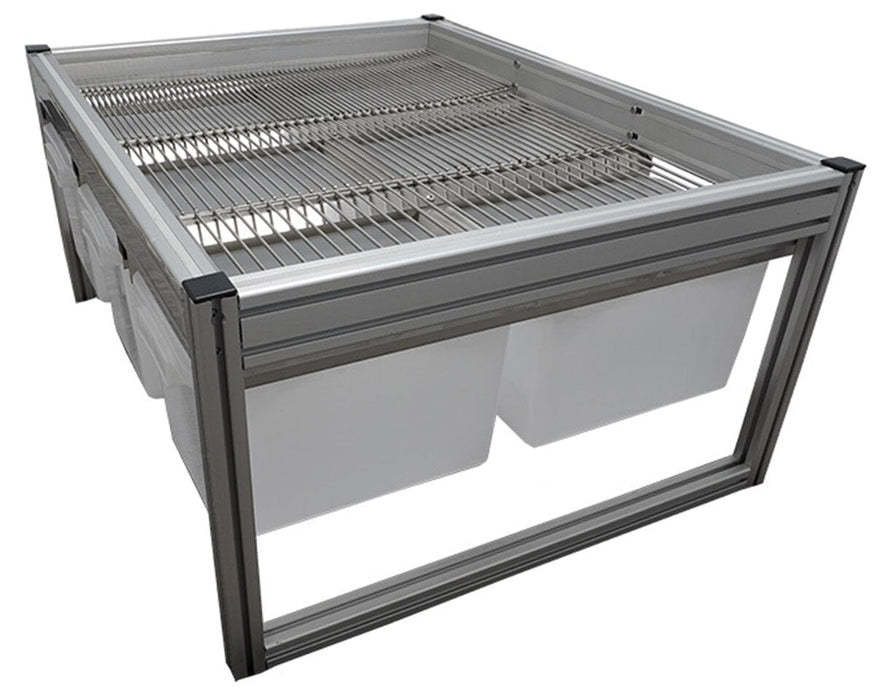 Angled side view of the GROW1 Medium Harvest Sorting System with aluminum frame and seven white collection bins.