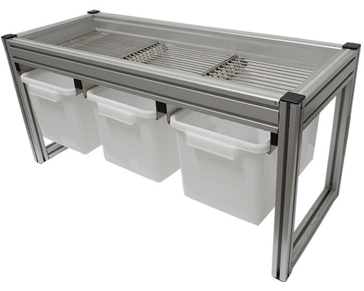 Angled view of GROW1 sorting system with three white harvest bins beneath a metal sorting rack in aluminum frame.