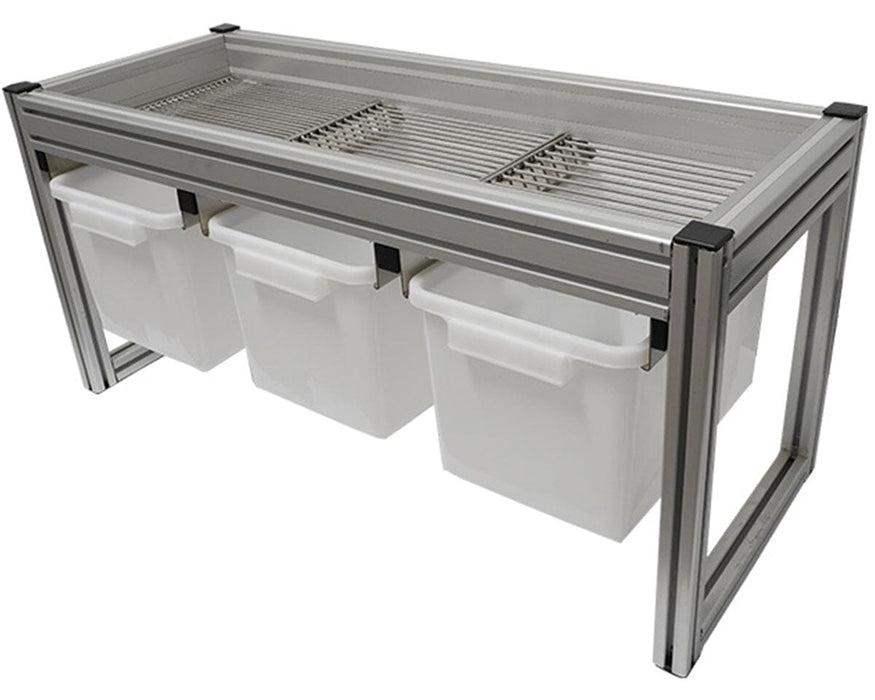 Angled view of GROW1 sorting system with three white harvest bins beneath a metal sorting rack in aluminum frame.