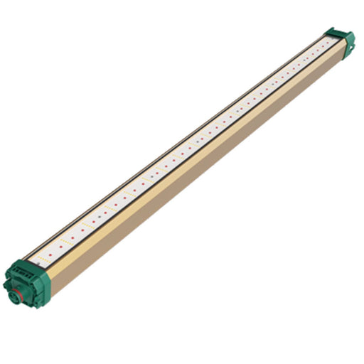 Perspective view of the AG-140 grow light showing diode layout and green end cap, highlighting red-enhanced spectrum option for improved flower development.