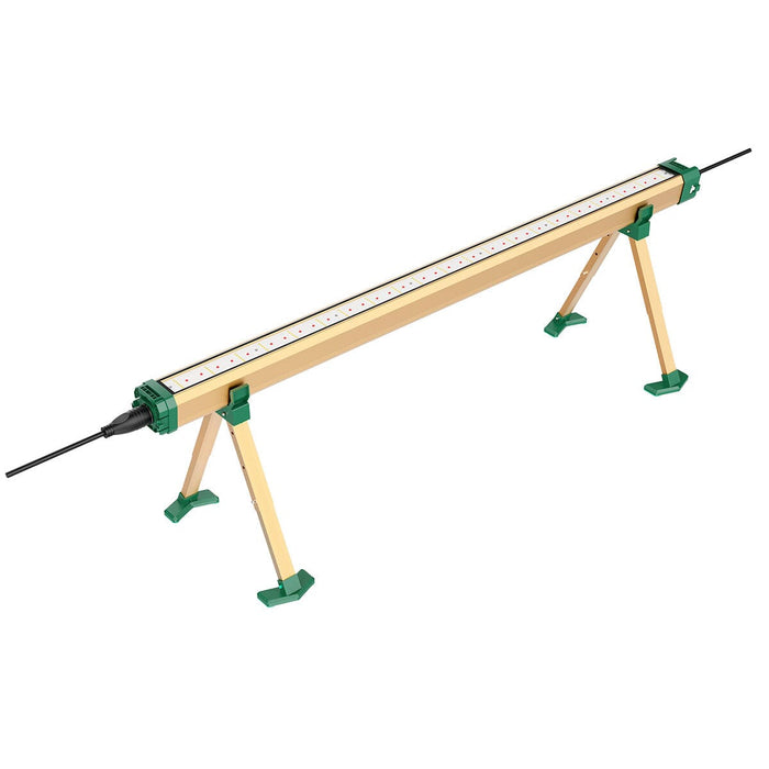 Angled view of the AG-140 LED grow light with integrated legs, showing full-length LED strip and single-cable connection for streamlined power and data chaining.