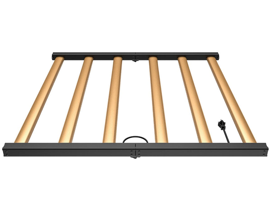 Close front angle of Grower’s Choice ROI-F720 displaying six full-spectrum LED bars engineered for high PPF output during full bloom.